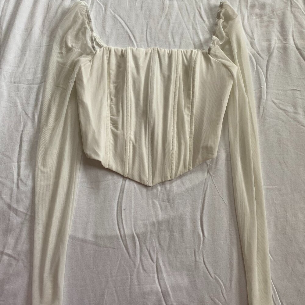 Princess Polly White Corset Top with mesh long sleeves and mesh back. Size US 4.